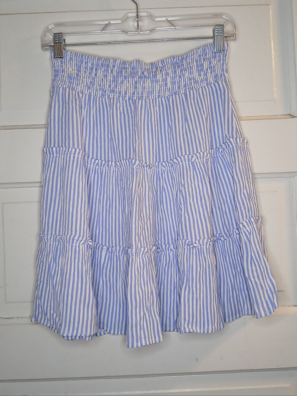 Market & Spruce Womens S Blue White Striped Tiered Mini Skirt Smocked Waist